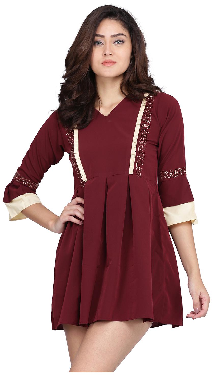 

Clothzy Crepe Embellished Maroon Color A Line Dress