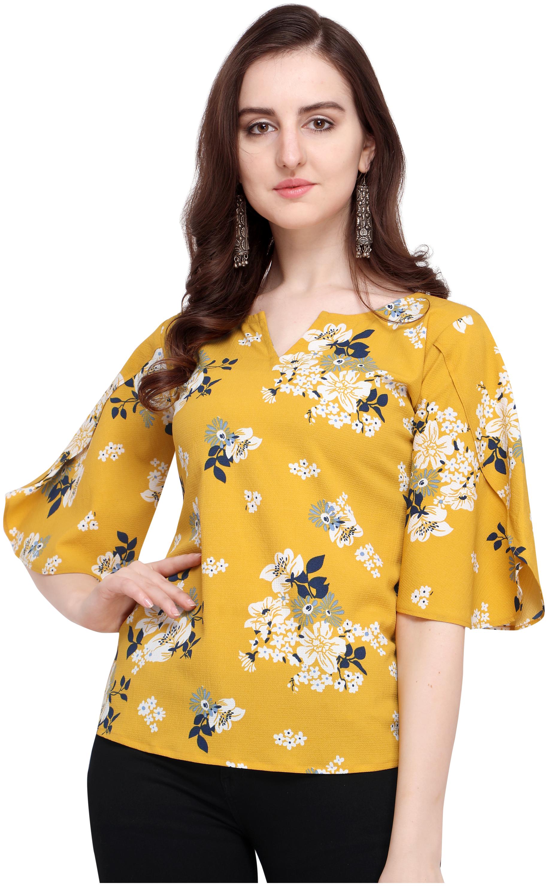 

Clothzy Crepe Floral Mustard Color Regular Top