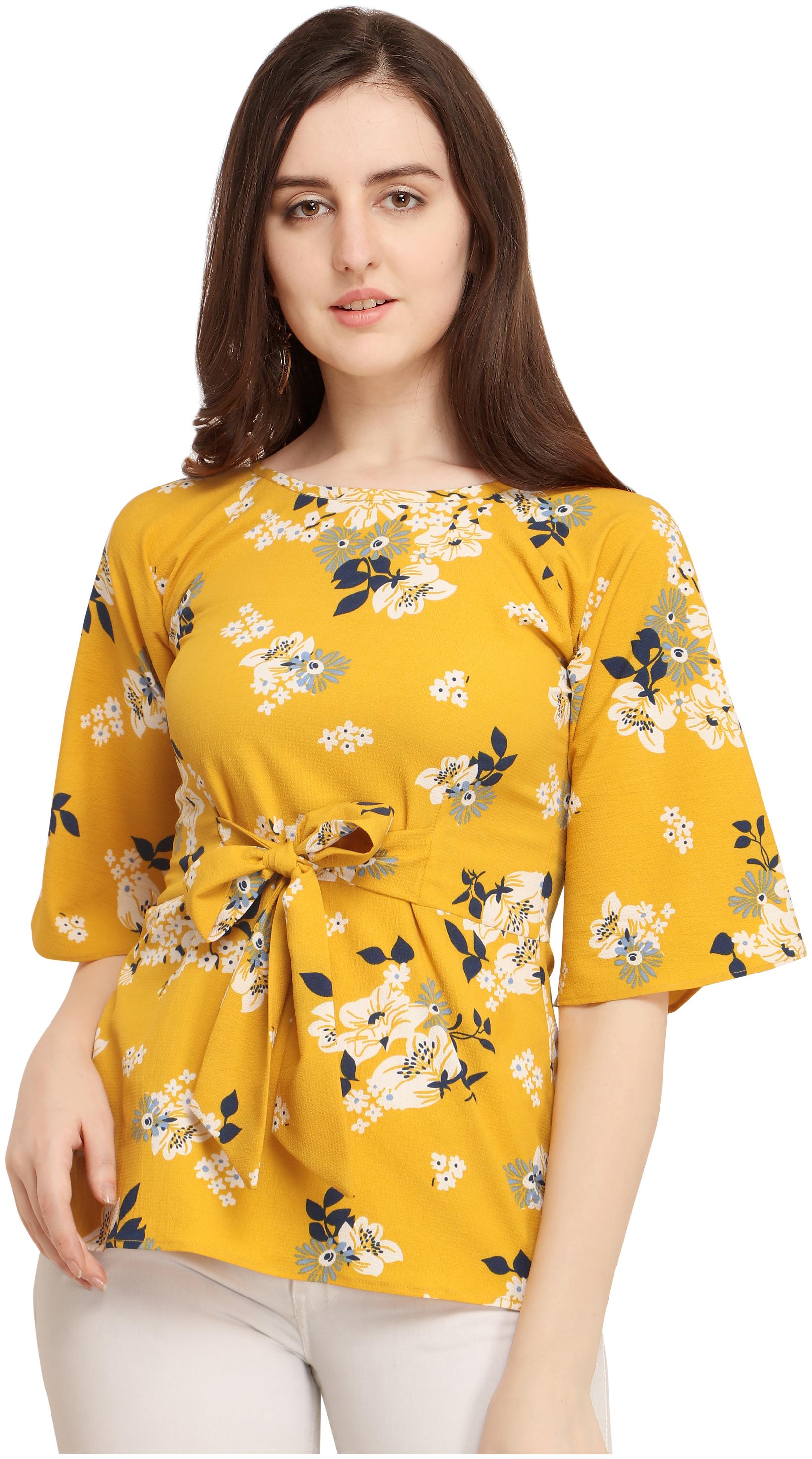 

Clothzy Crepe Floral Mustard Color Regular Top