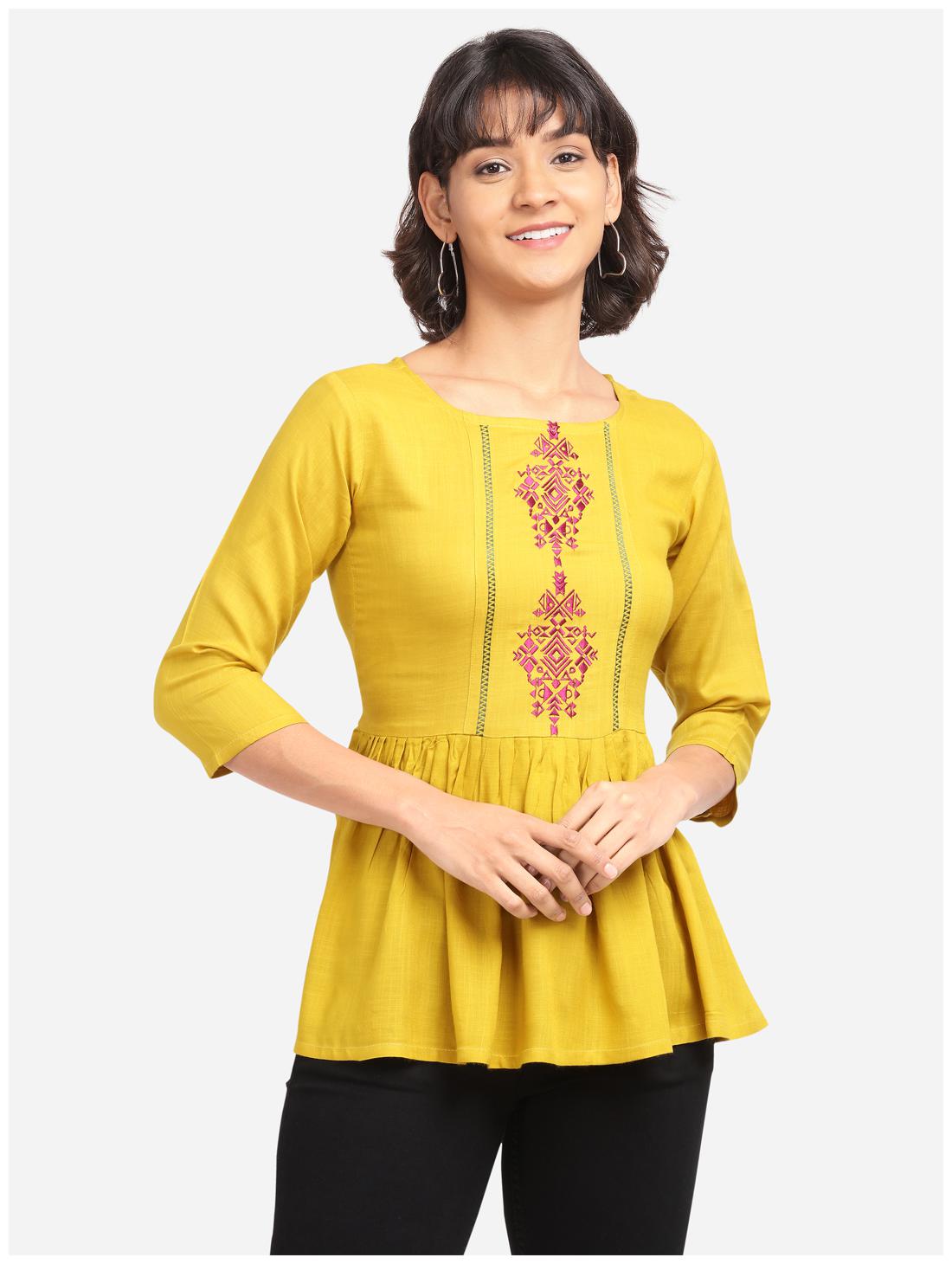 

Clothzy Women Embroidered Regular top - Yellow