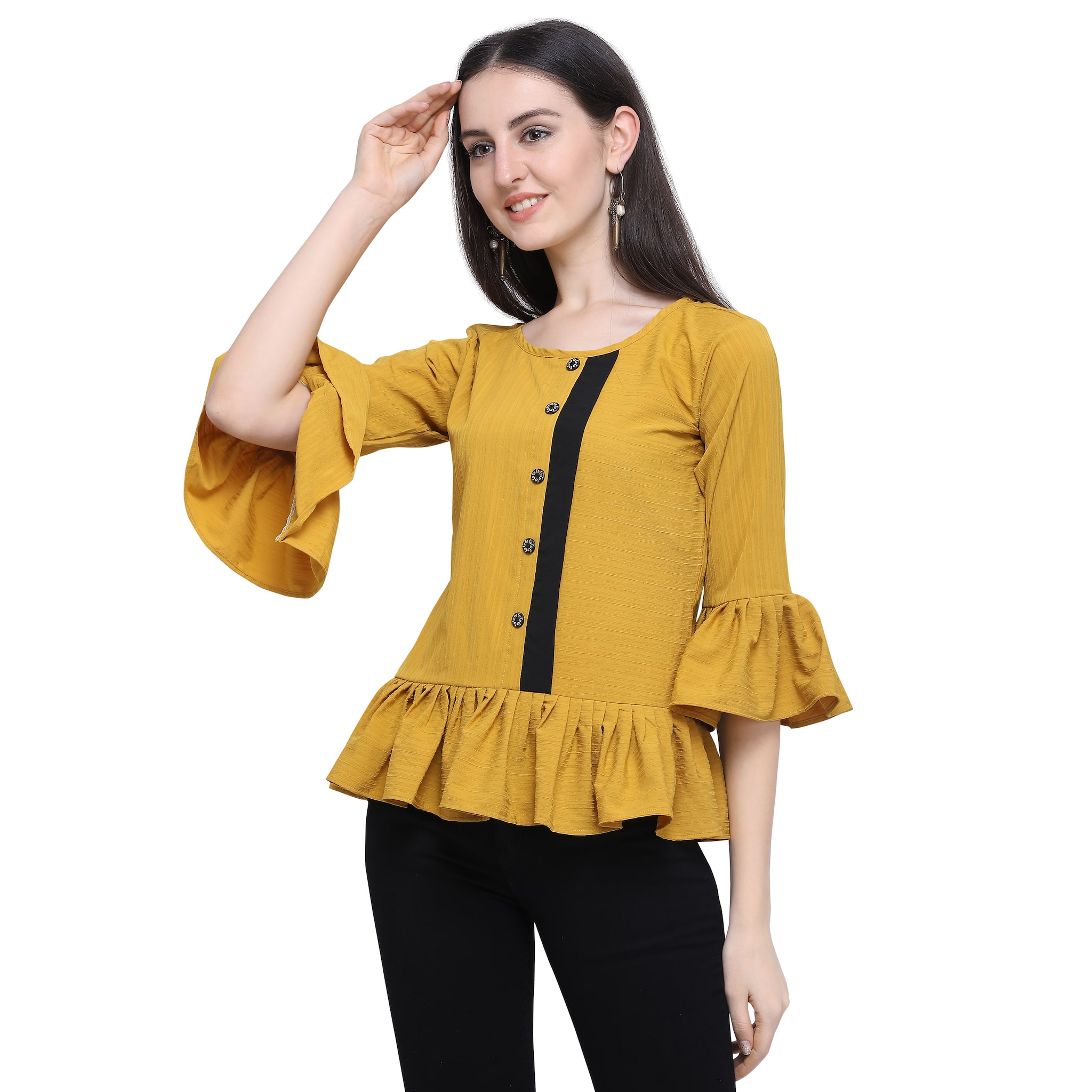 

Clothzy Women Crepe Striped Mustard Regular Top
