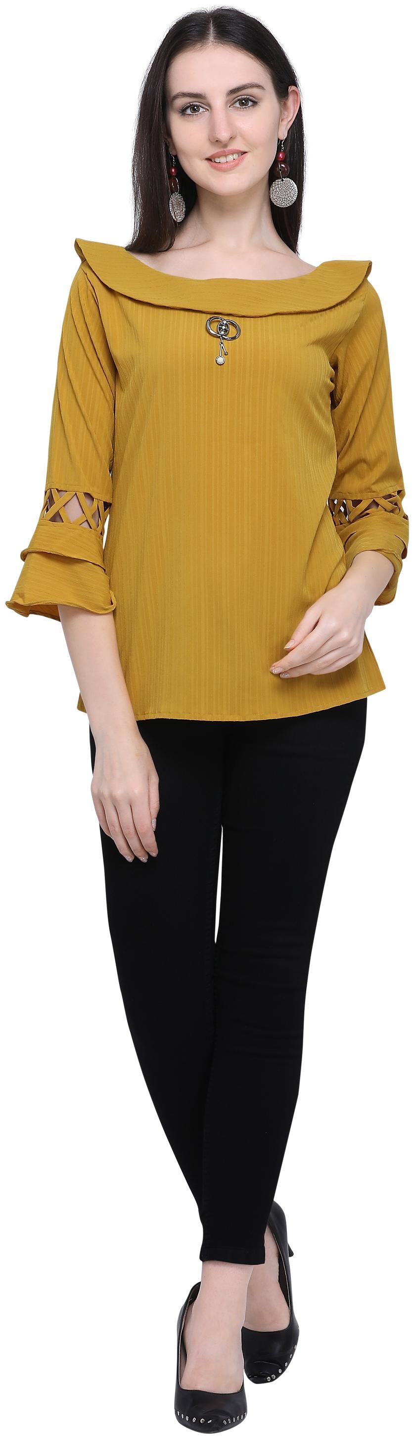 

Clothzy Women Crepe Striped Mustard Regular Top