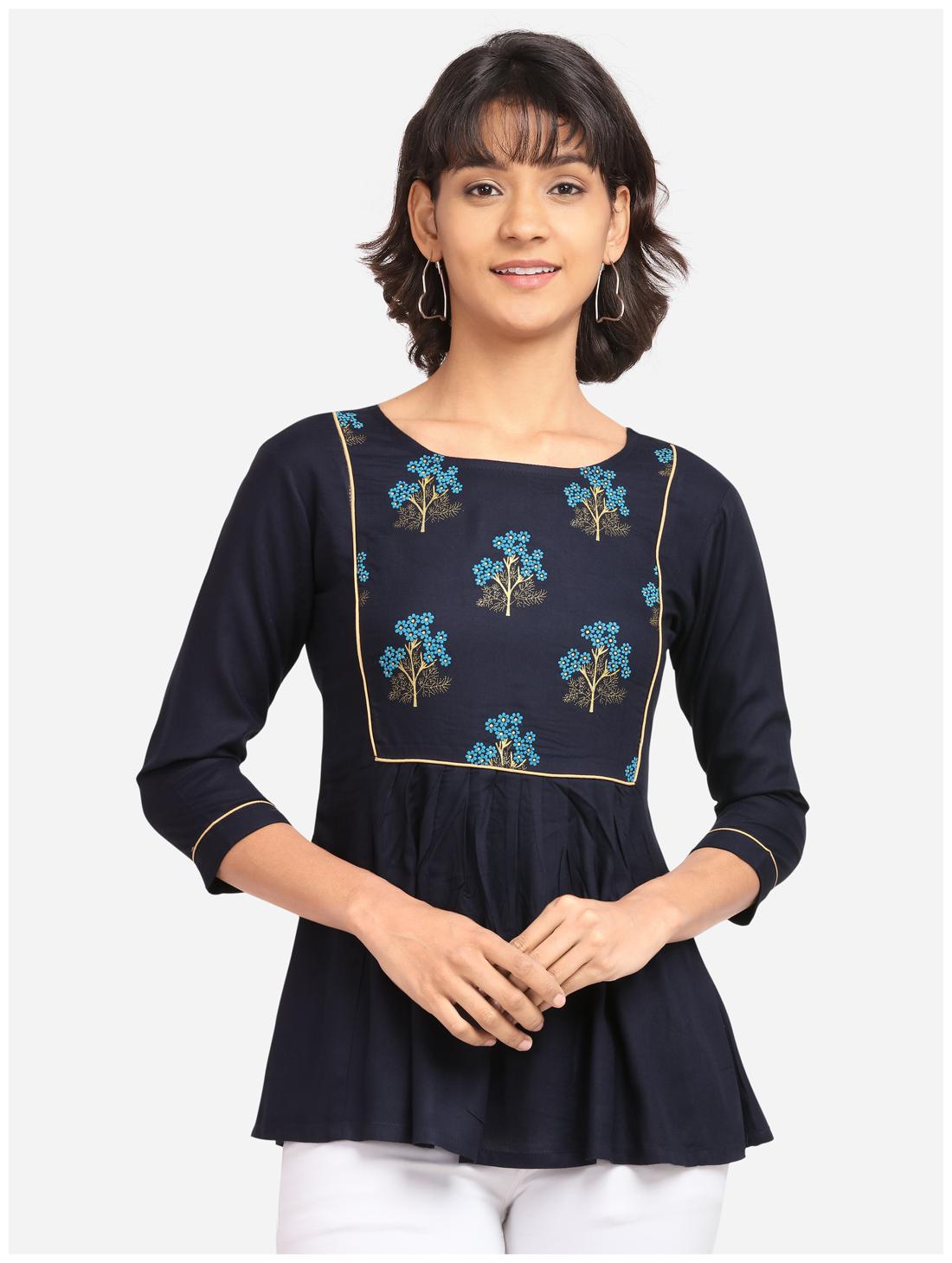

Clothzy Women Cotton Round Neck Regular Top (Navy Blue)