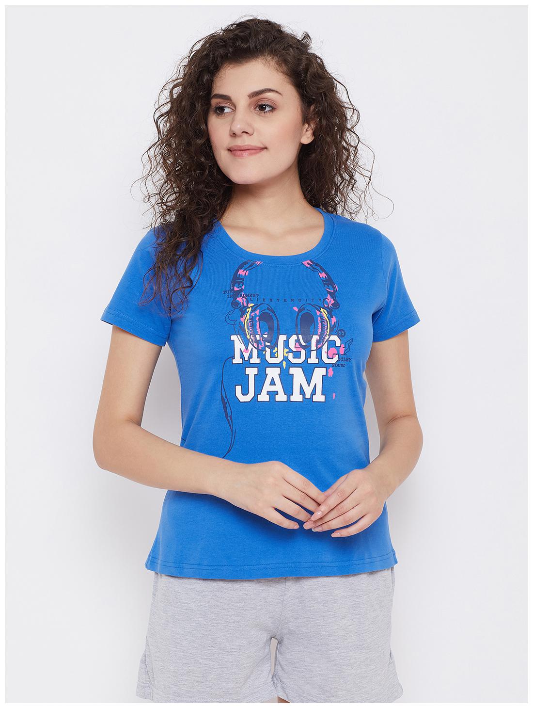 

Clovia Women Blue Regular fit Round neck Cotton T shirt