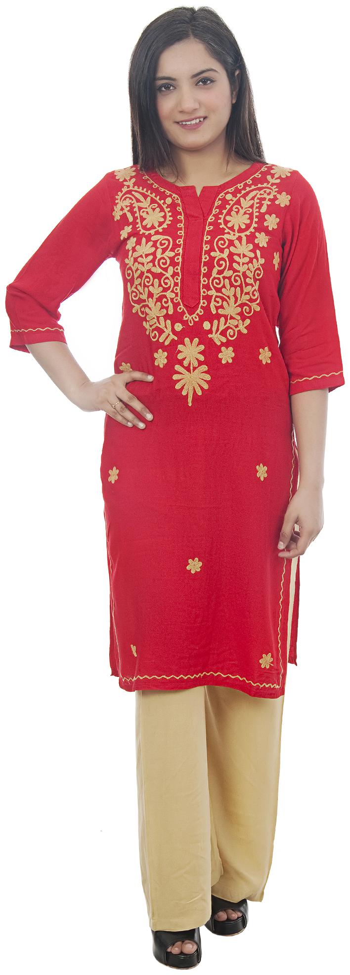 

Club Fashion Viscose Rayon Red Chikankari Kurti For Women