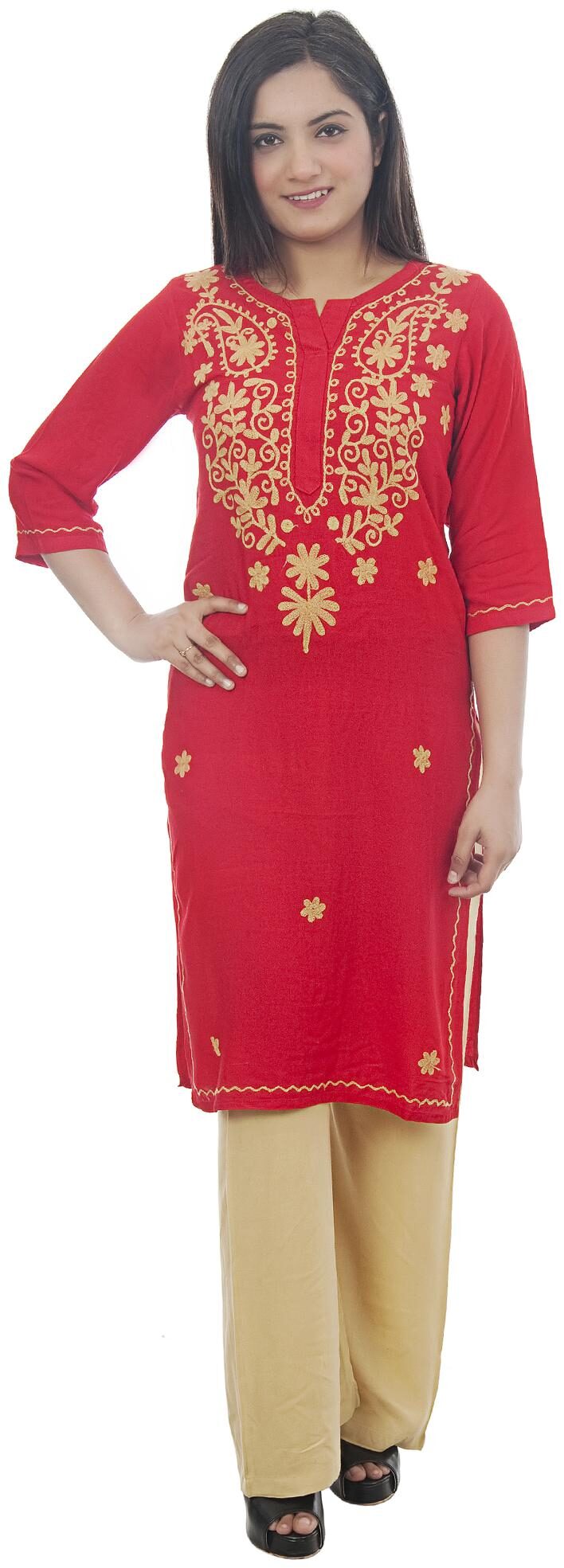 

Club Fashion Viscose Rayon Red Chikankari Kurti For Women