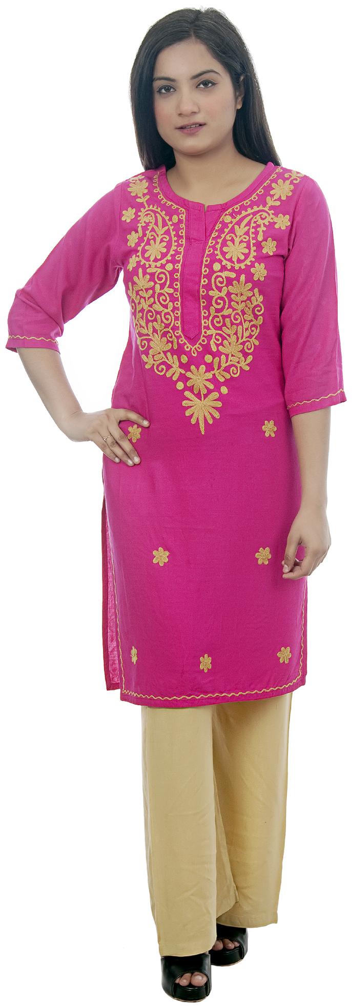 

Club Fashion Viscose Rayon Pink Chikankari Kurti For Women