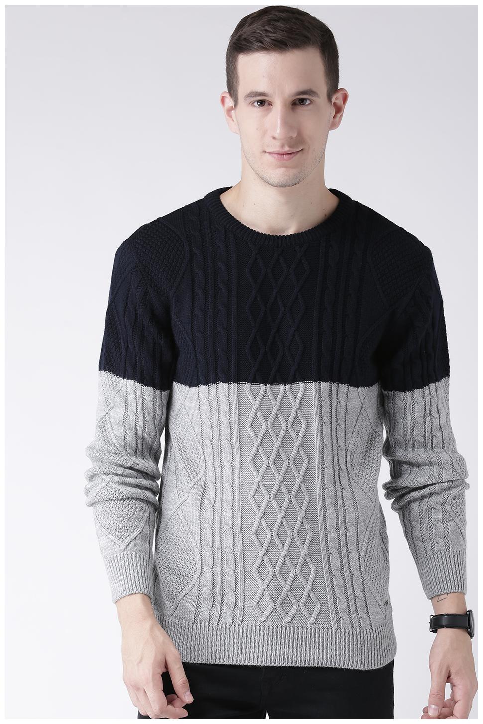 

Club York Men s Long Sleeves Round Neck Cable Knit Colorblocked Acrylic Sweaters