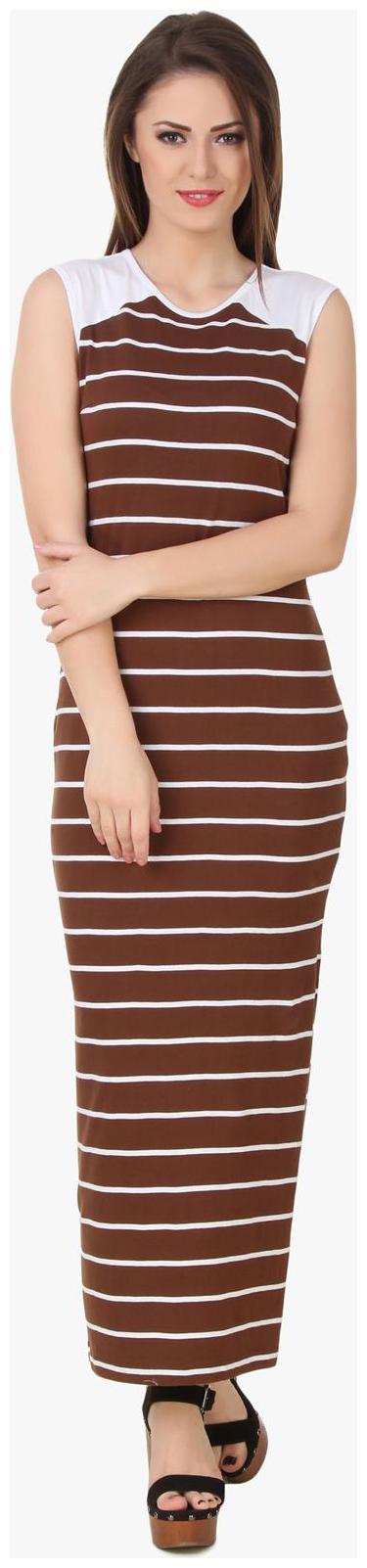 

Texco Coffee Brown White Stripe Stylish Side Slit Maxi Dress