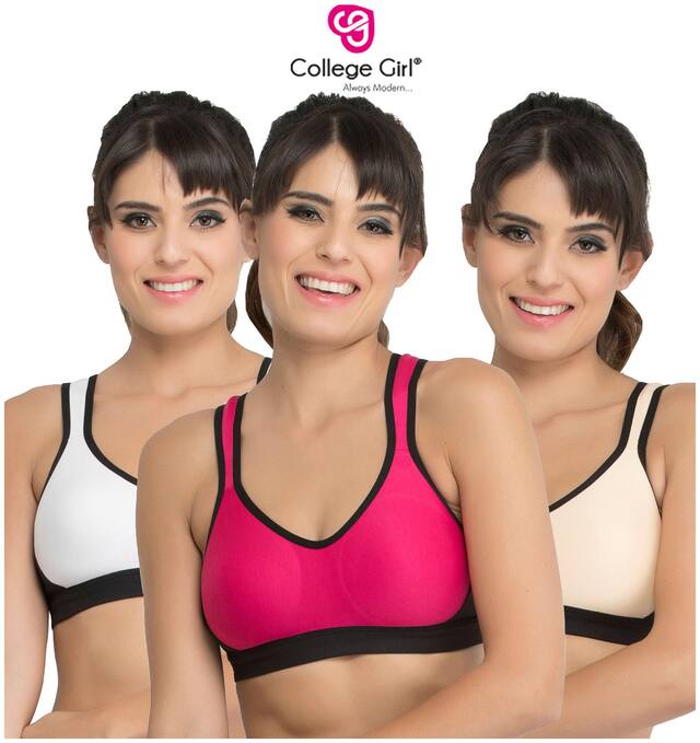College Girl Pack of 3 Lightly Padded Cotton Sports Bra - Multi