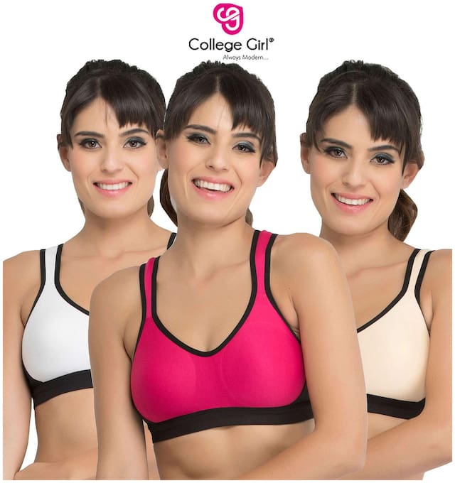 College Girl Pack of 3 Lightly Padded Cotton Sports Bra - Multi