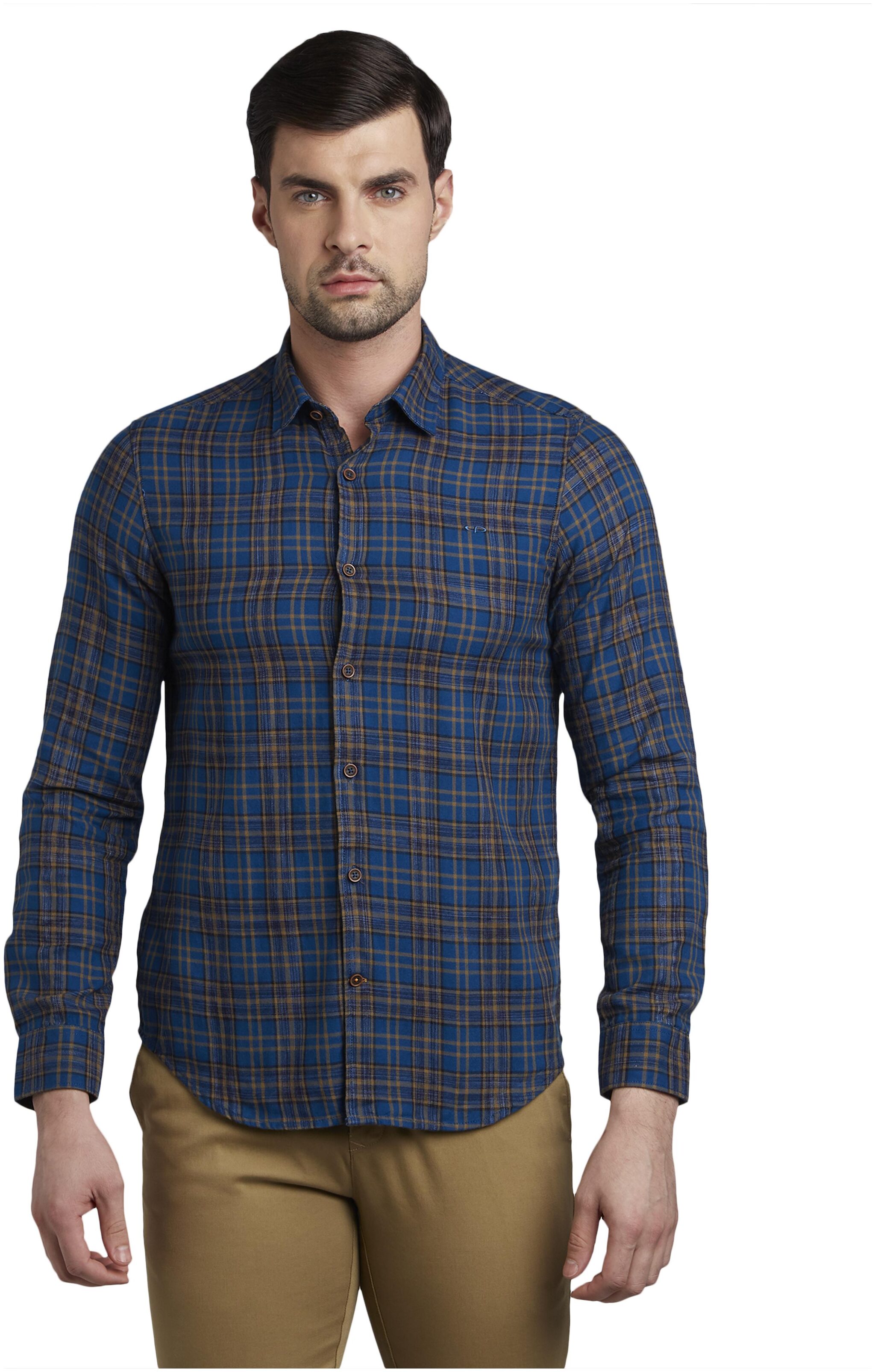 ColorPlus Men Blue Checked Slim Fit Casual Shirt
