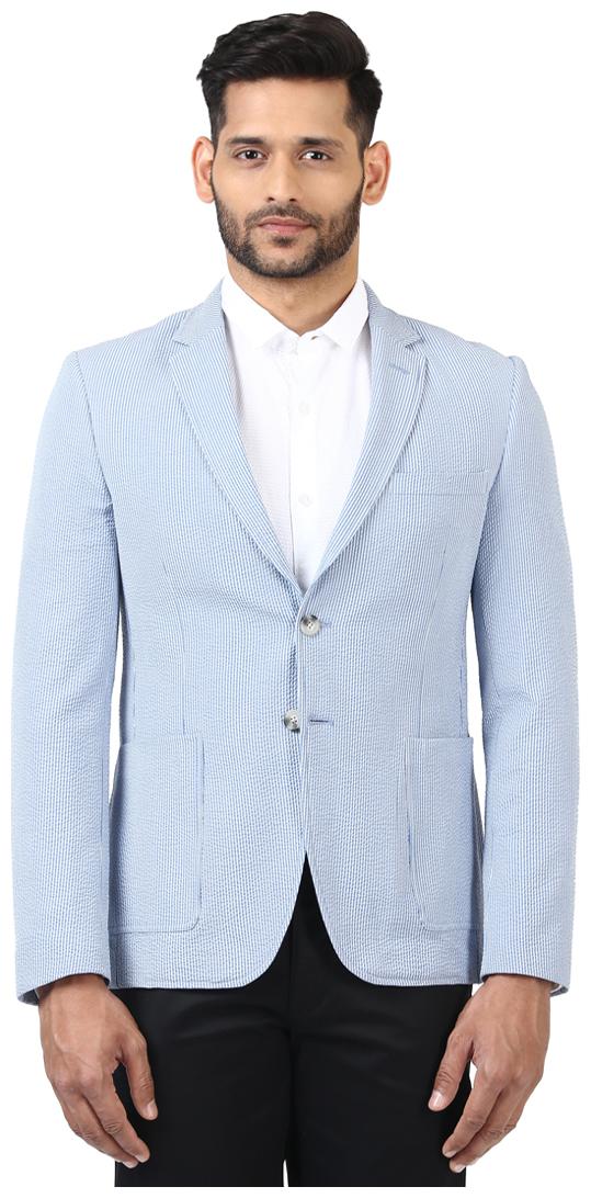 

Colorplus Striped Cotton Blend Light Blue Regular Notch Collar Full Sleeve Blazers