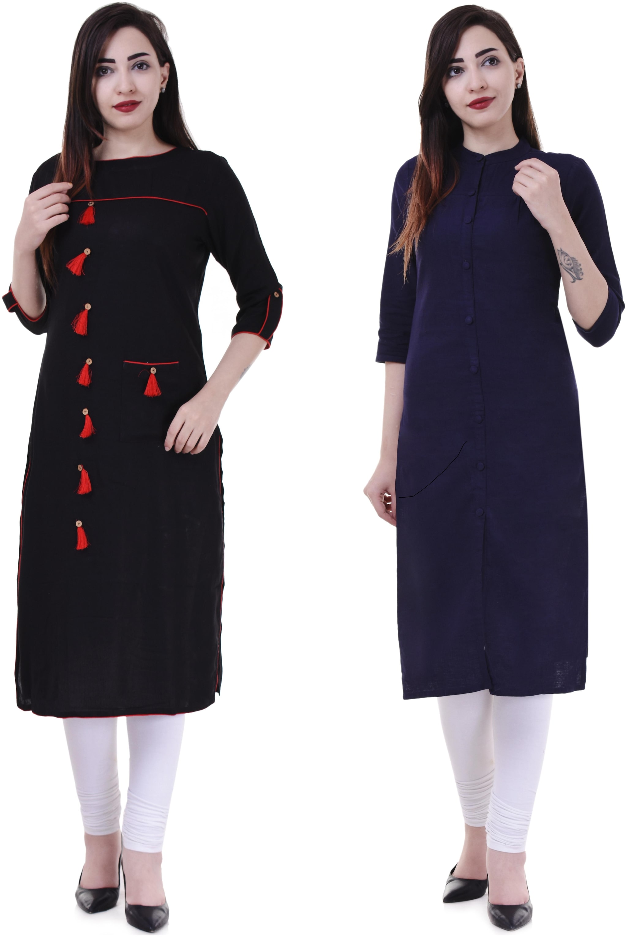 

HOLLYBLUE Women Black Blue Solid Straight Kurta