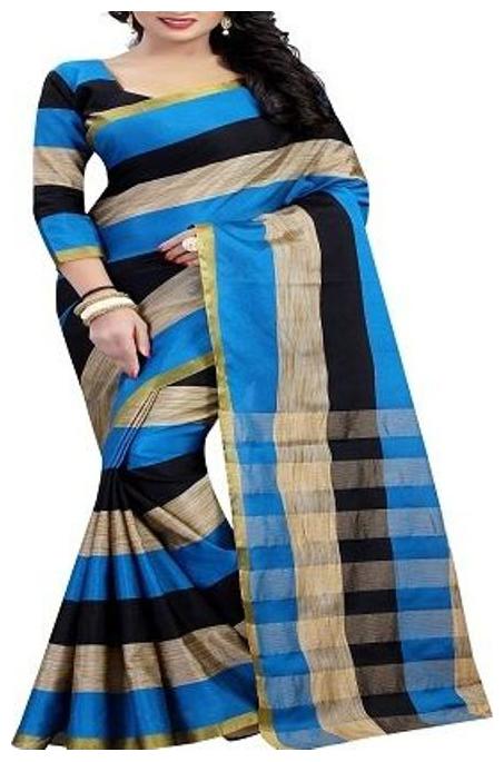 

Chakradhar Distributors Blue Striped Universal Ready Pleated Saree With blouse
