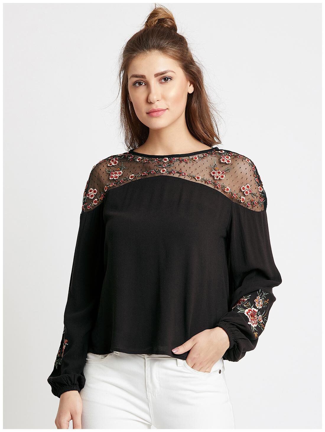 

Cover Story Women Black Regular fit Boat neck Polyester T shirt