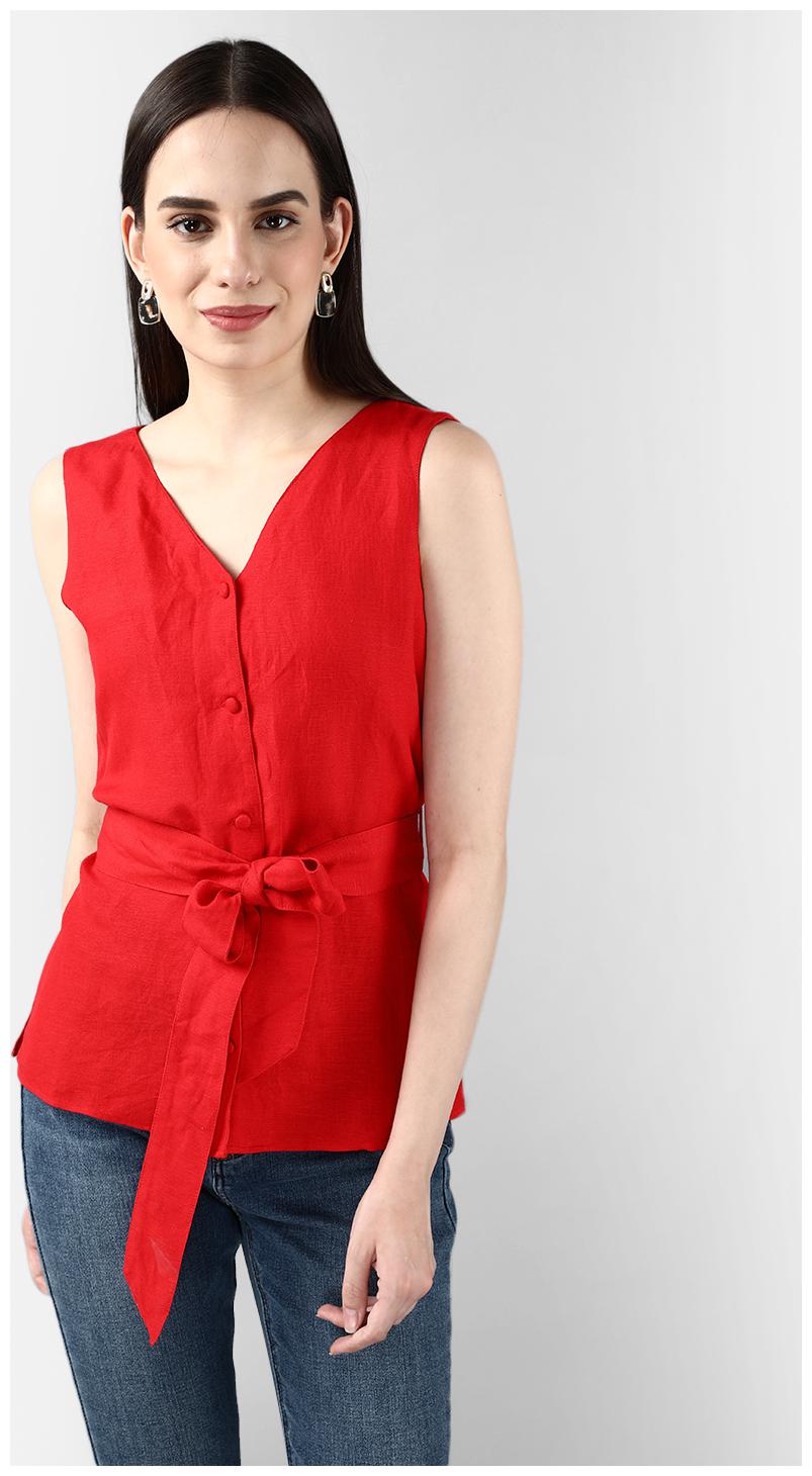 

Cover Story Women Red Regular fit V neck Linen T shirt