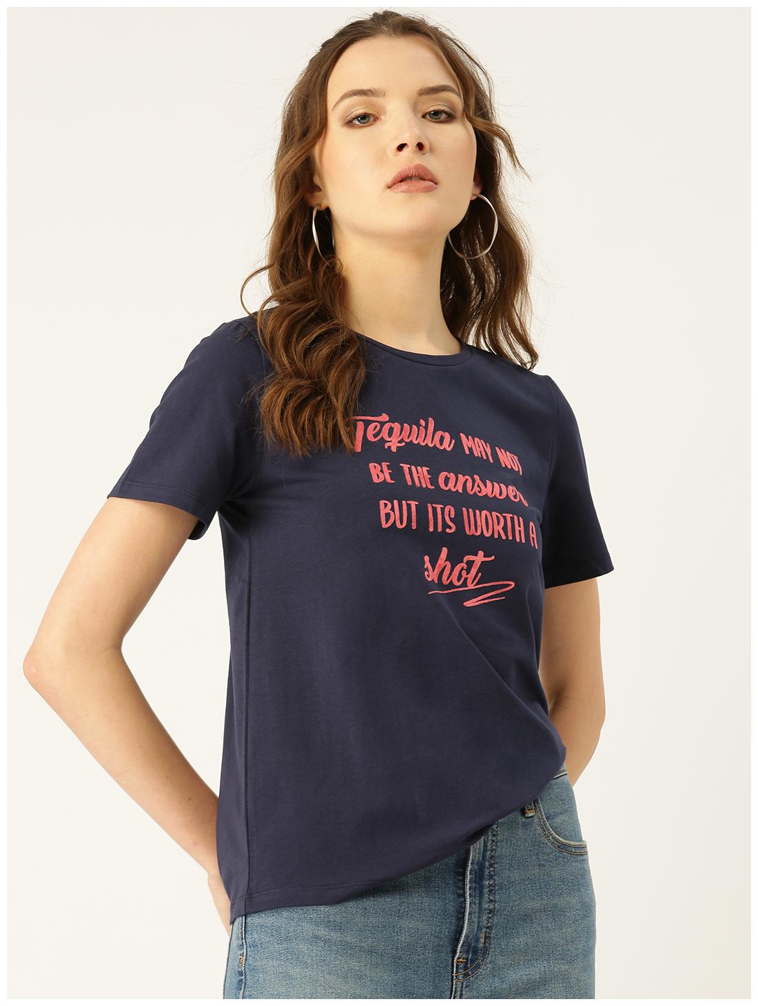 

Cover Story Women Cotton Printed Navy Blue T Shirt