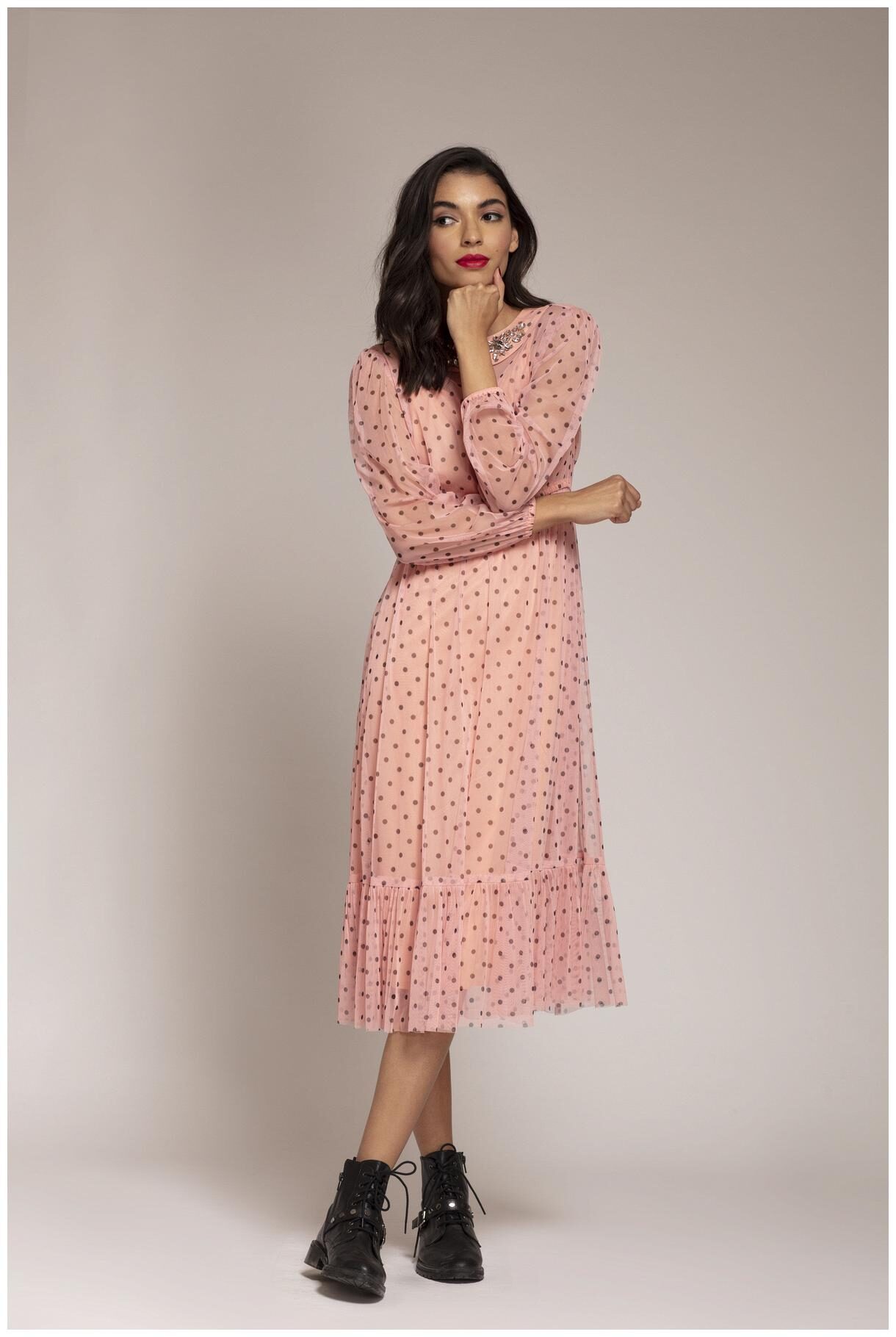 

Cover Story Peach Polka dots Flared dress