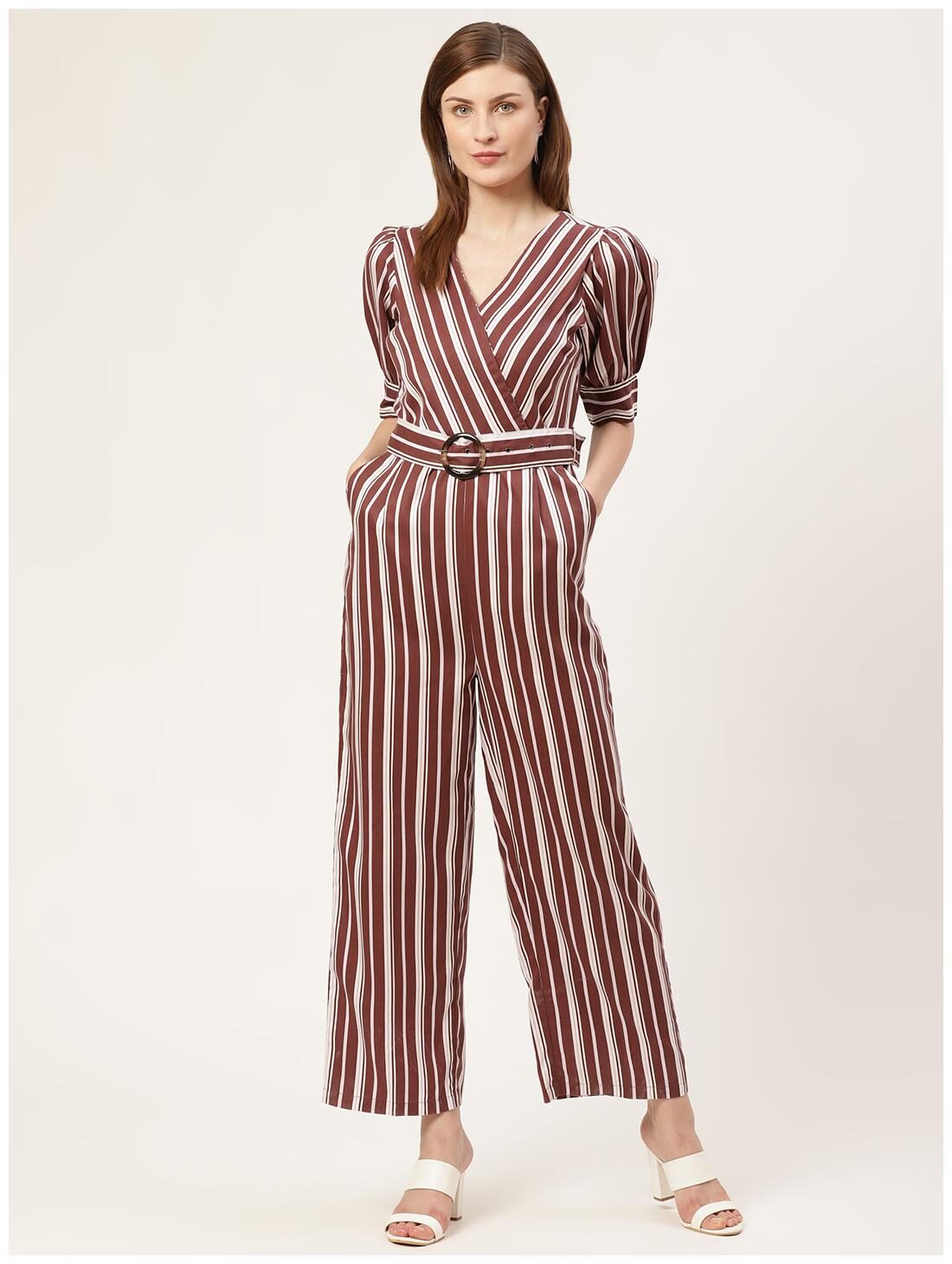 

Cover Story Striped Jumpsuit - Brown