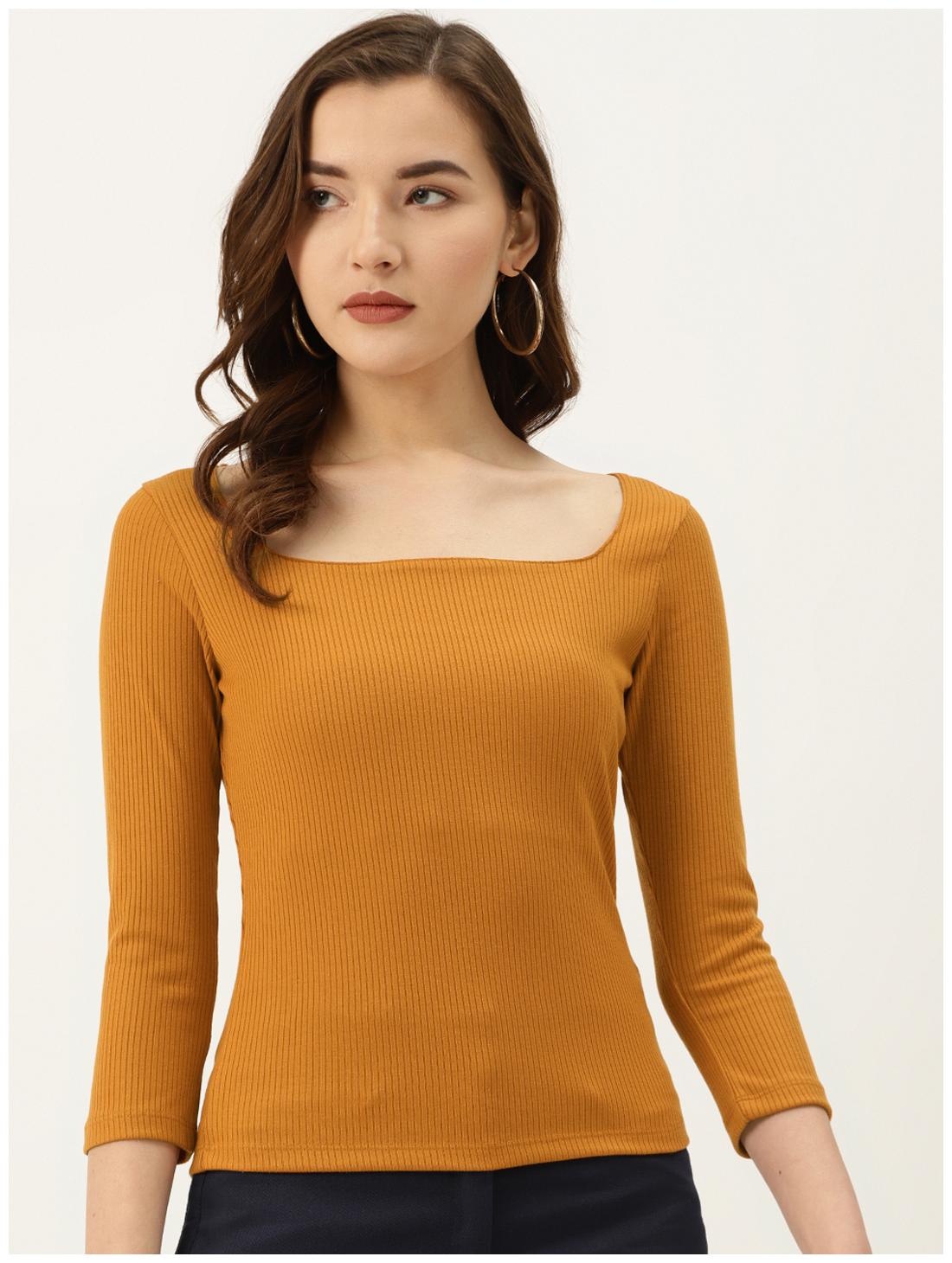 

Cover Story Polyester Striped Mustard Color T-Shirt For Women