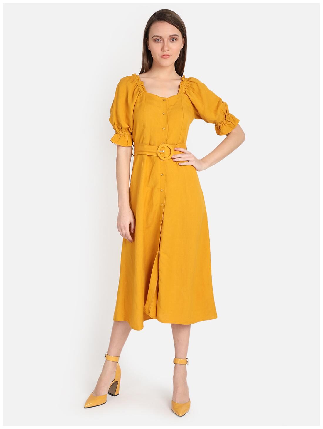 

Cover Story Women Viscose Rayon Solid Mustard A Line Dress