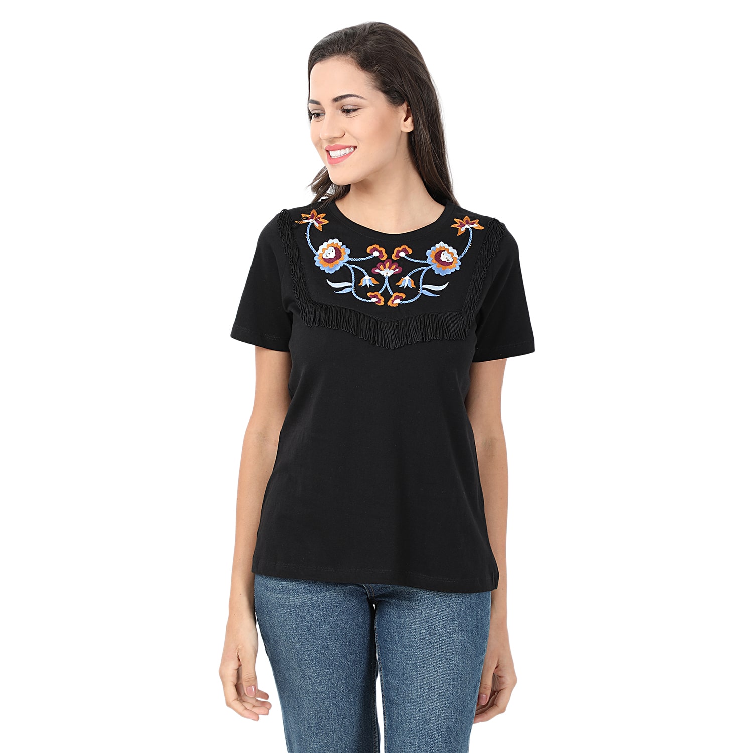 

Cover Story Women Black Regular fit Round neck Cotton T shirt