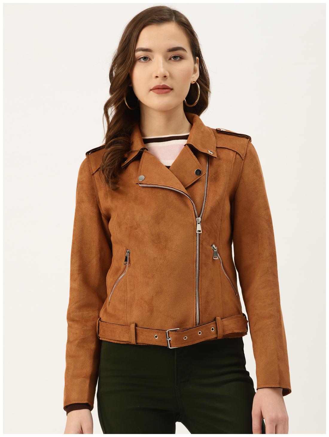 

Cover Story Women Solid Biker Jacket - Brown