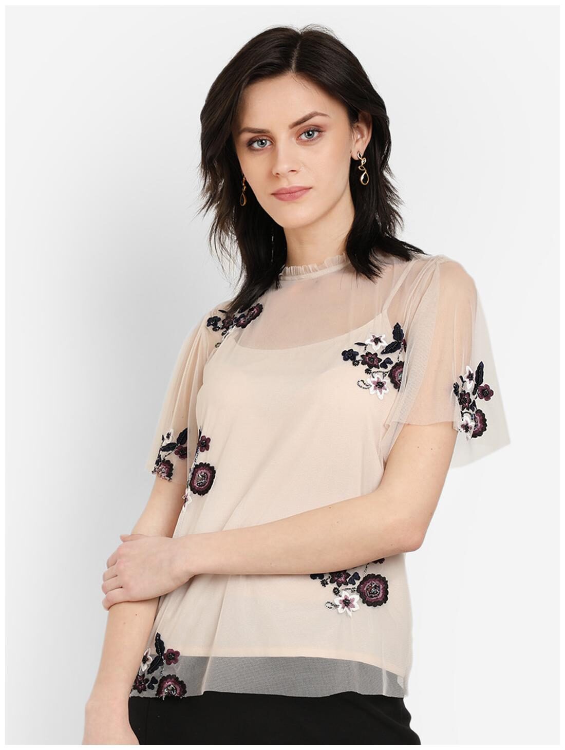

Cover Story Women Embroidered Blouson top - Beige