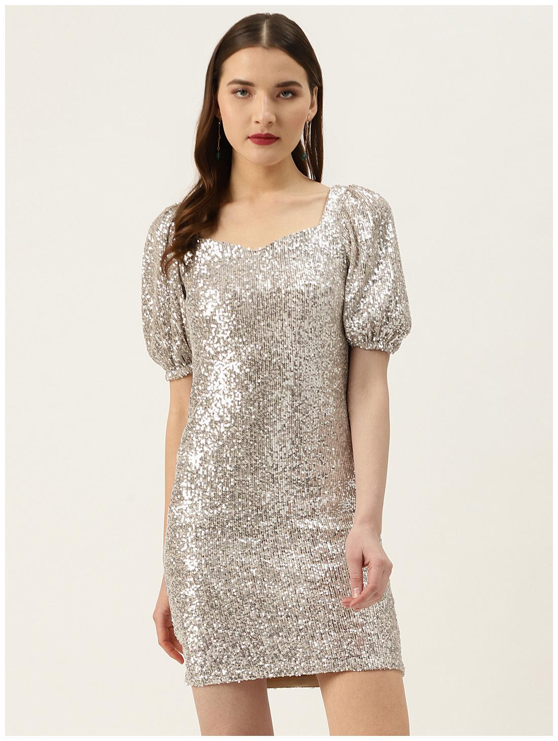 

Cover Story Women Silver Polyester Embellished Dress