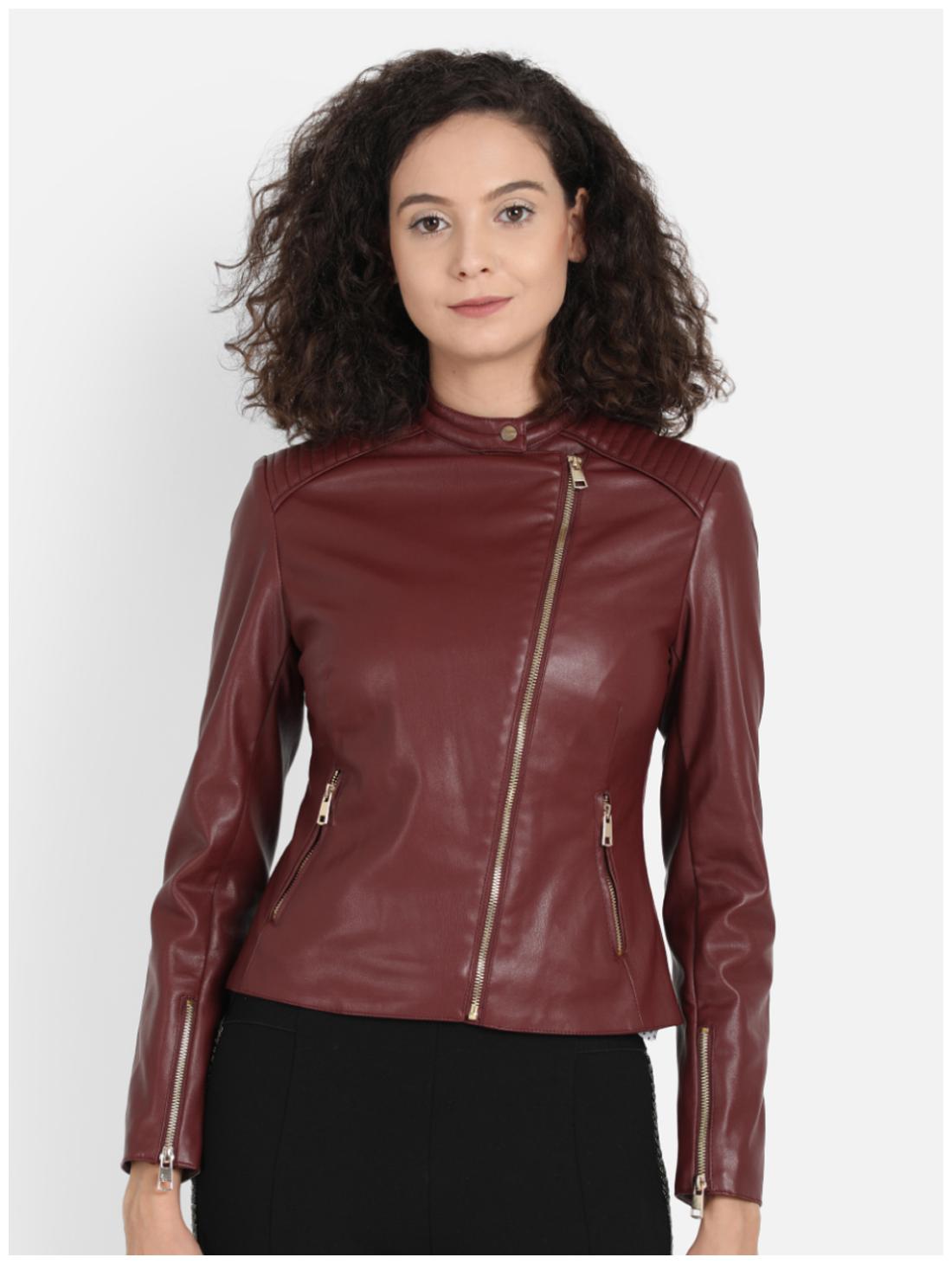 

Cover Story Women Solid Biker Jacket - Brown