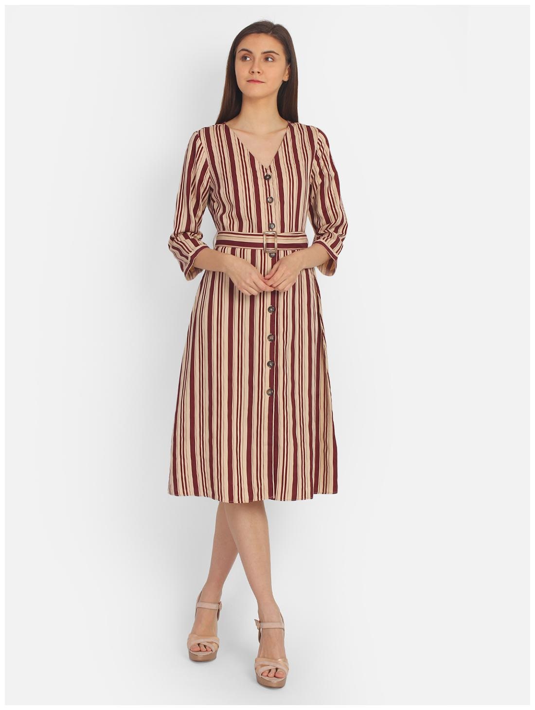 

Cover Story Wine Beige Striped Shirt dress