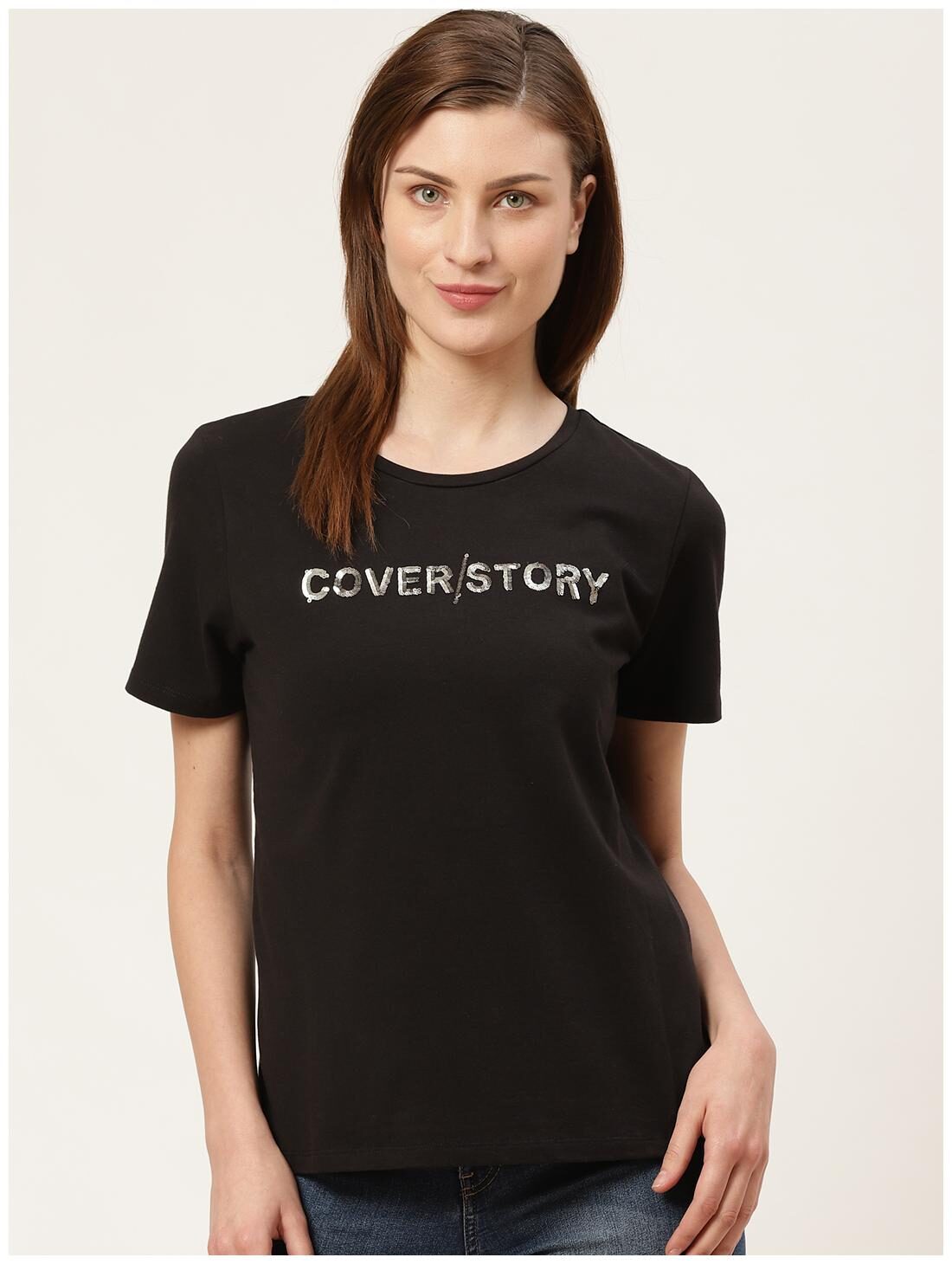 

Cover Story Women Black Regular fit Round neck Cotton T shirt