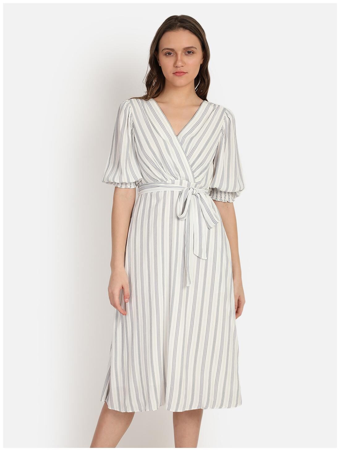 

Cover Story Women Blended Striped White A Line Dress