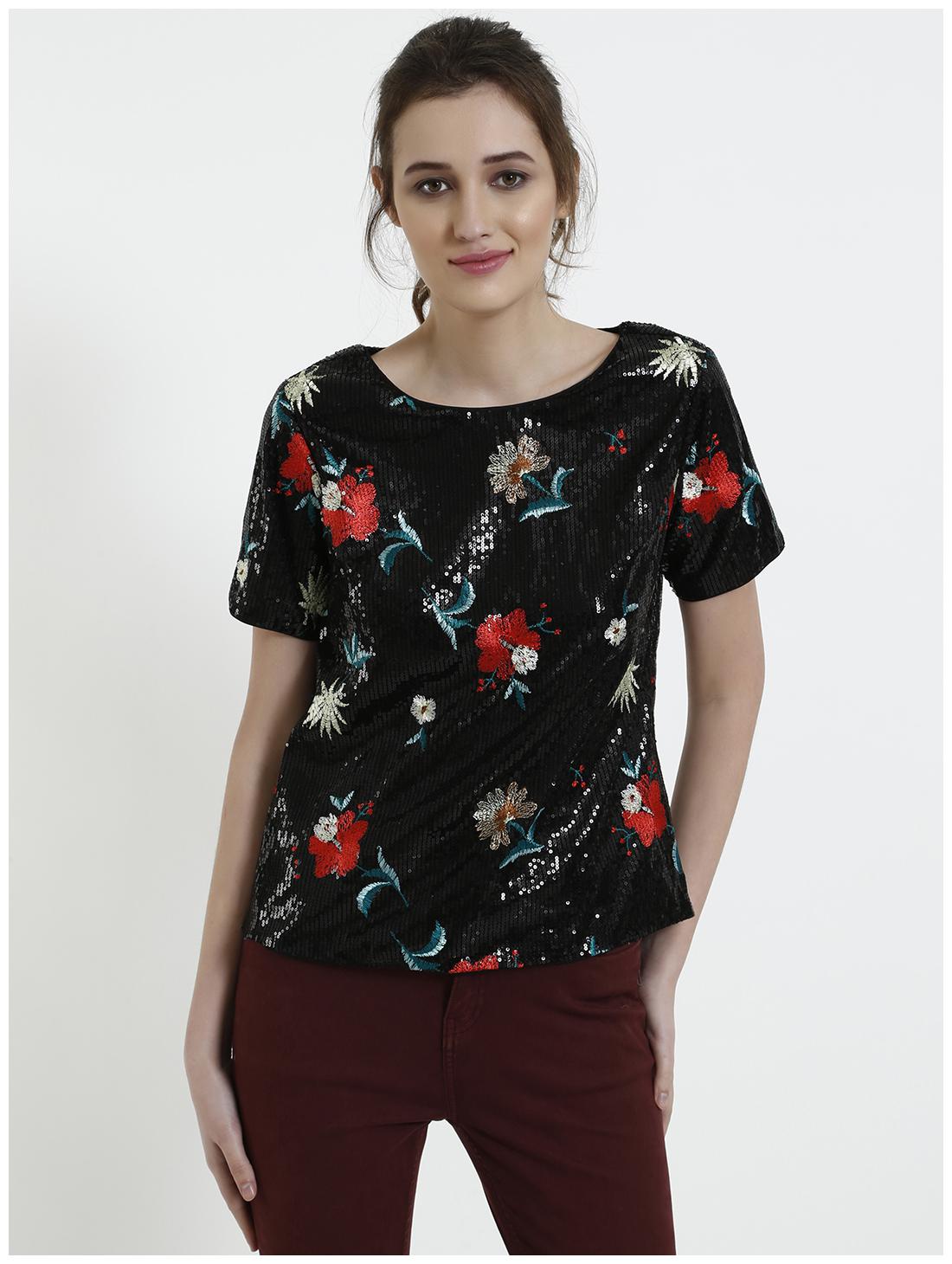 

Cover Story Women Embellished Blouson top - Black