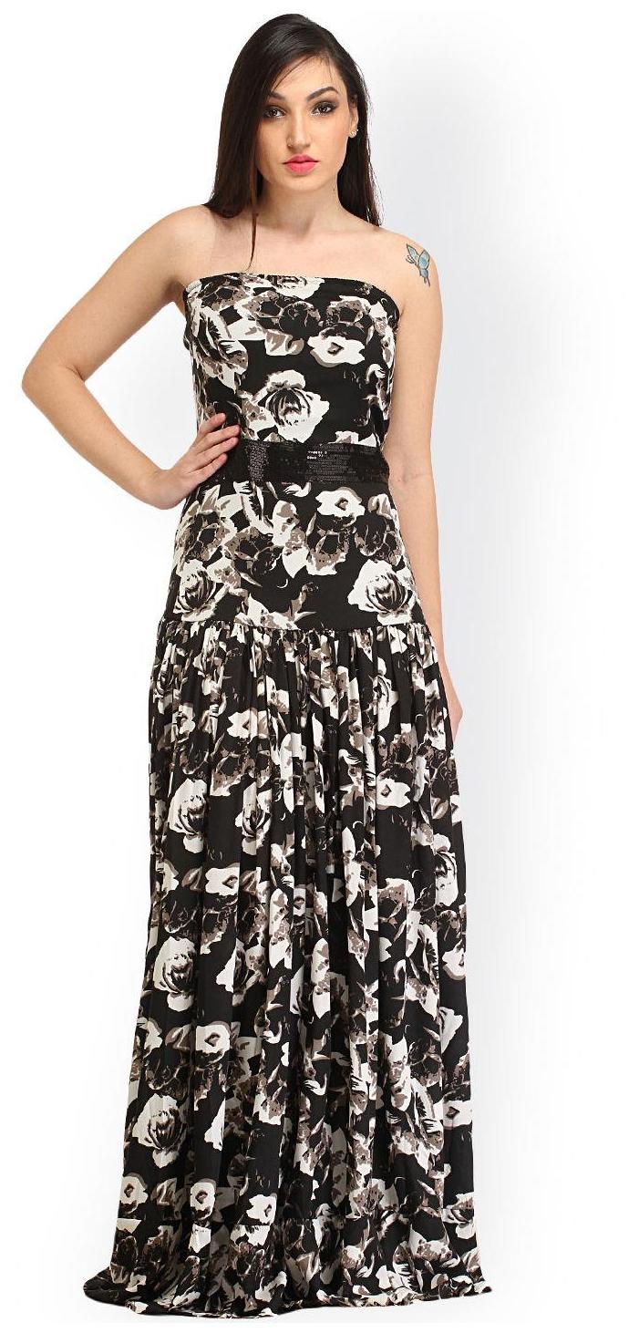 

Crease Clips A-line Floral Print Maxi Style Waist Sequins Off Soulder Dress Black