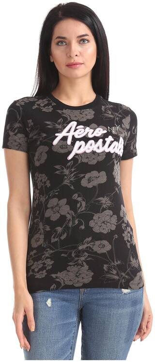 Aeropostale Women Black Slim fit Round neck Cotton T shirt