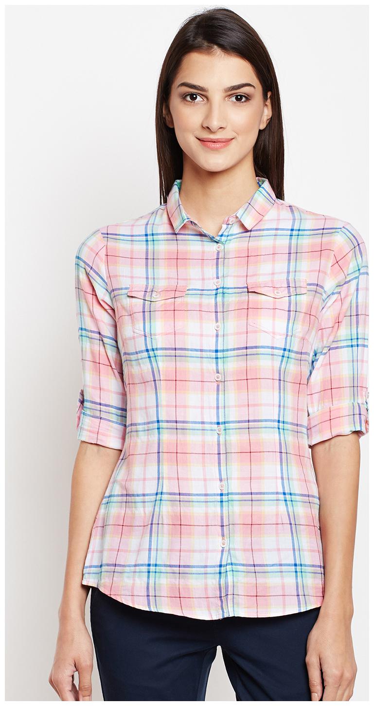 

Crimsoune Club Women Pink Checked Slim Fit Shirt