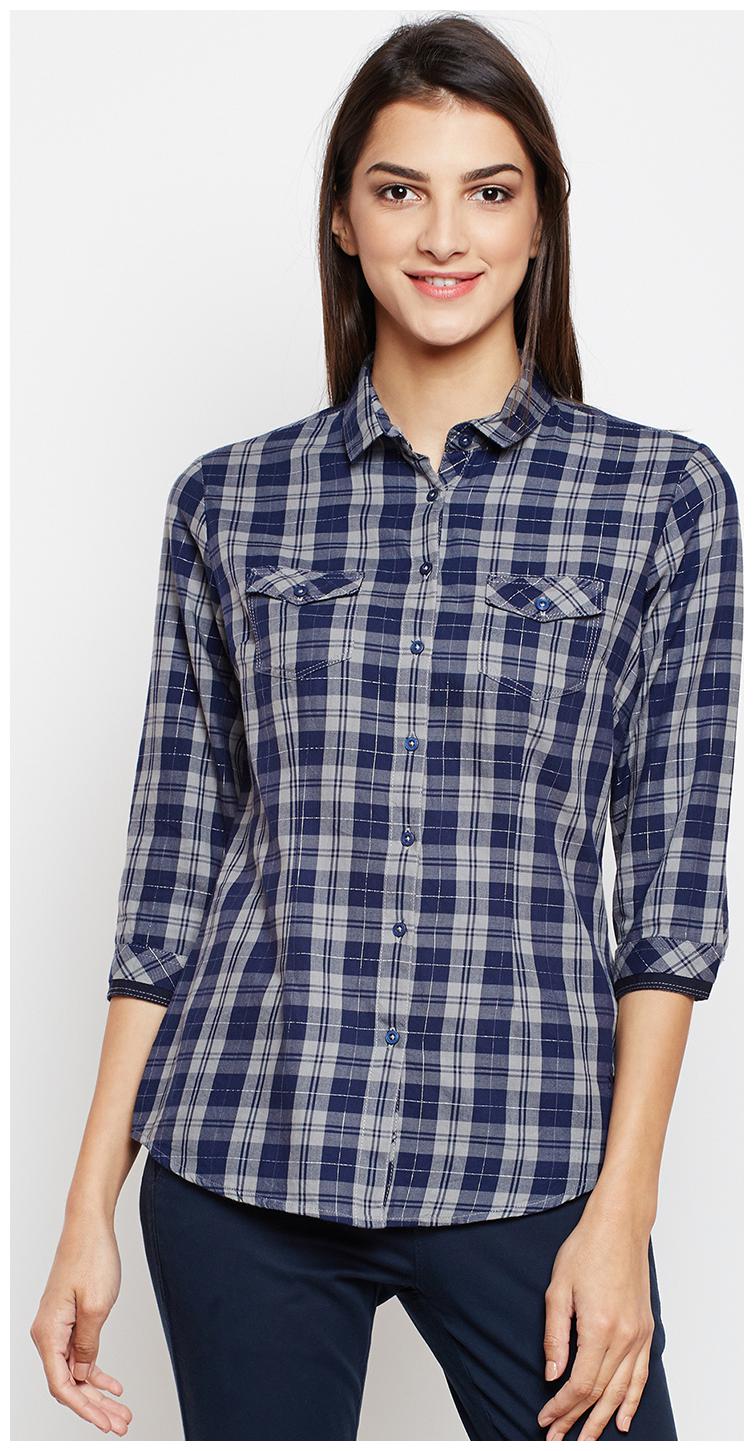

Crimsoune Club Women Blue Checked Slim Fit Shirt