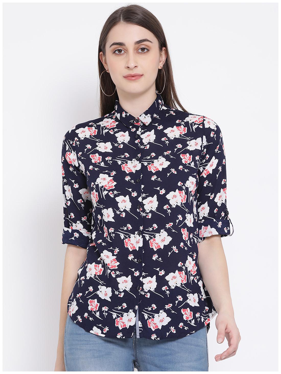 

Crimsoune Club Women Blue Floral Slim Fit Shirt