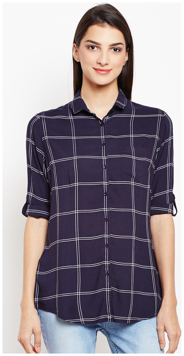

Crimsoune Club Women Blue Checked Slim Fit Shirt