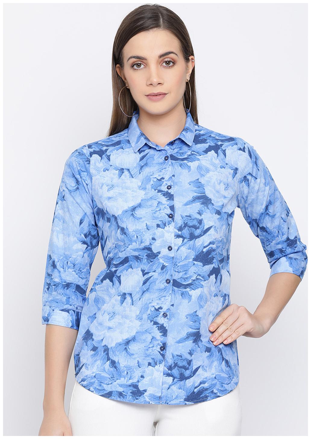 

Crimsoune Club Women Blue Printed Slim Fit Shirt