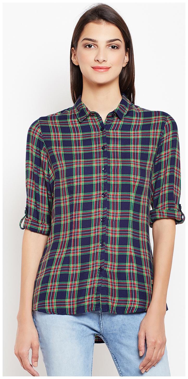 

Crimsoune Club Women Blue Checked Slim Fit Shirt