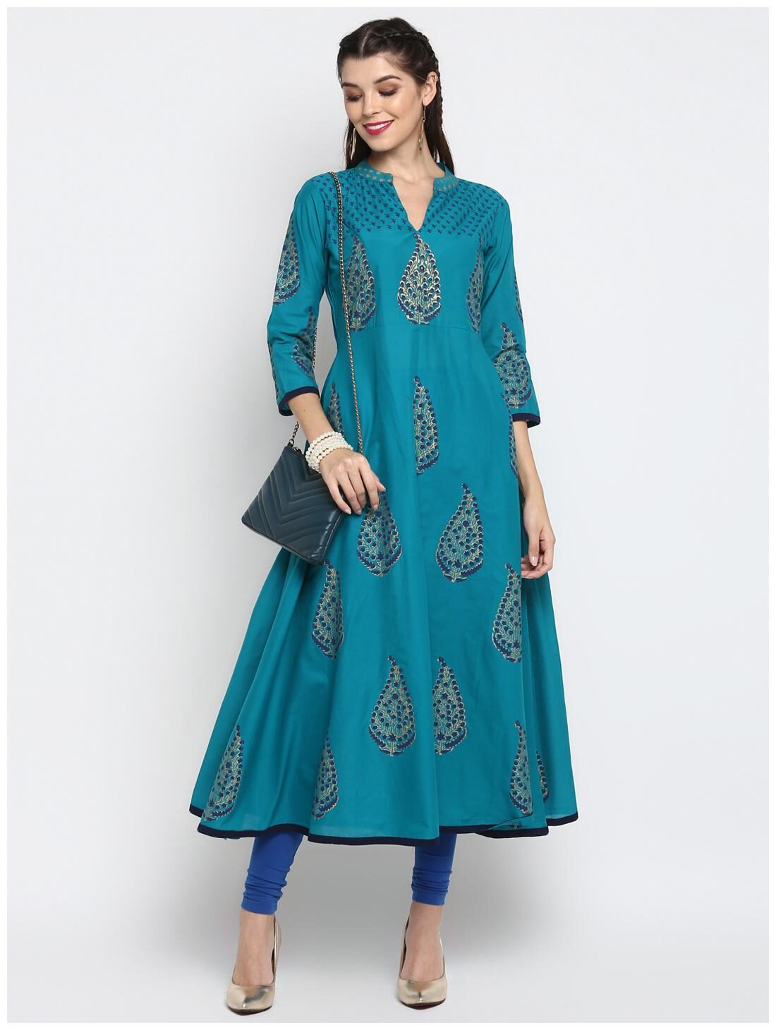 

Croesus Women Turquoise Printed Anarkali Kurti