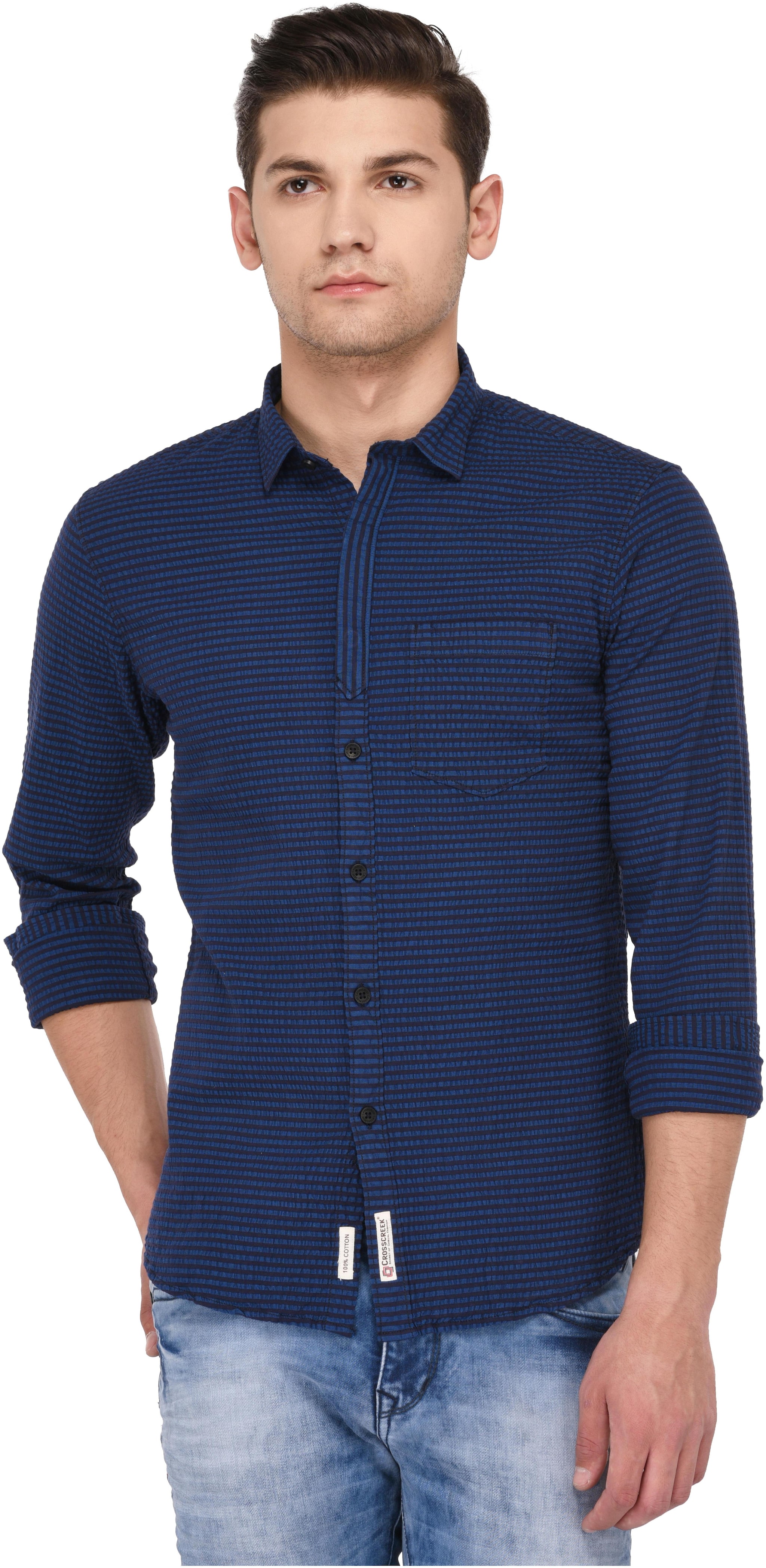 

CROSSCREEK Men Blue Horizontal Stripes Slim Fit Casual Shirt
