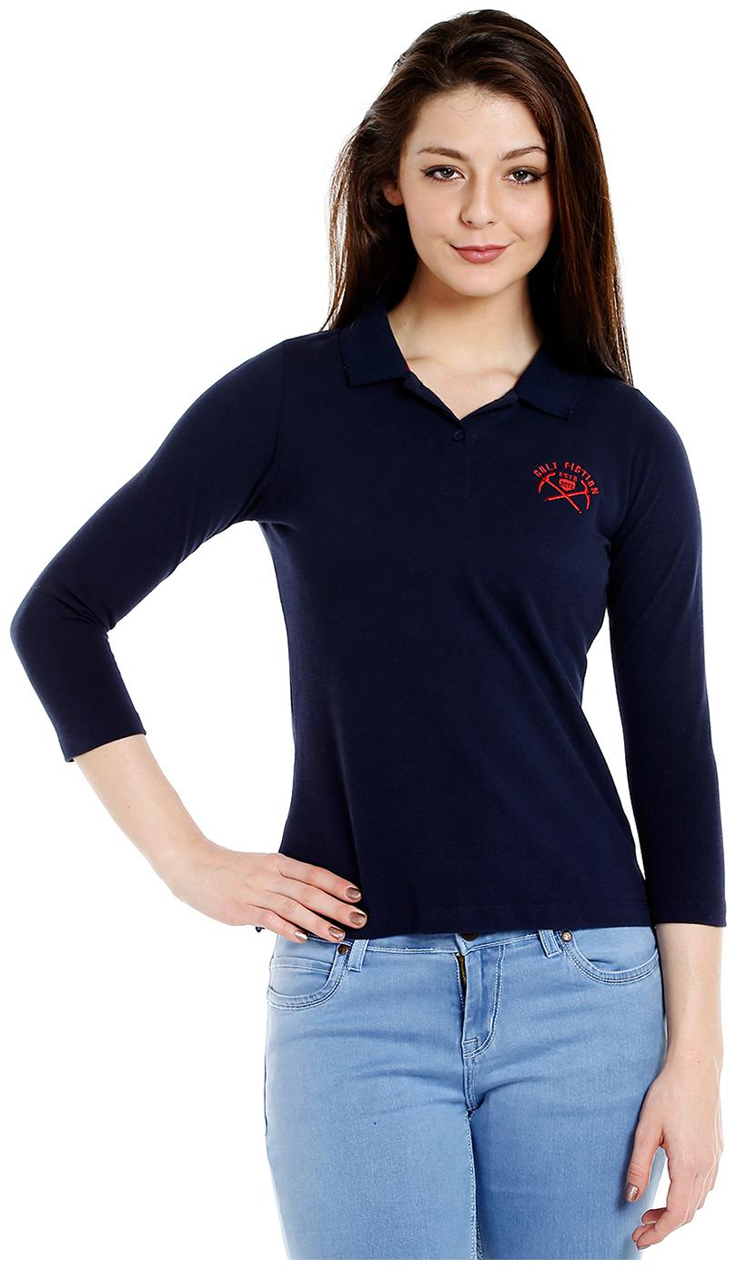 

Cult Fiction Women Cotton Embroidered T Shirt Navy Blue