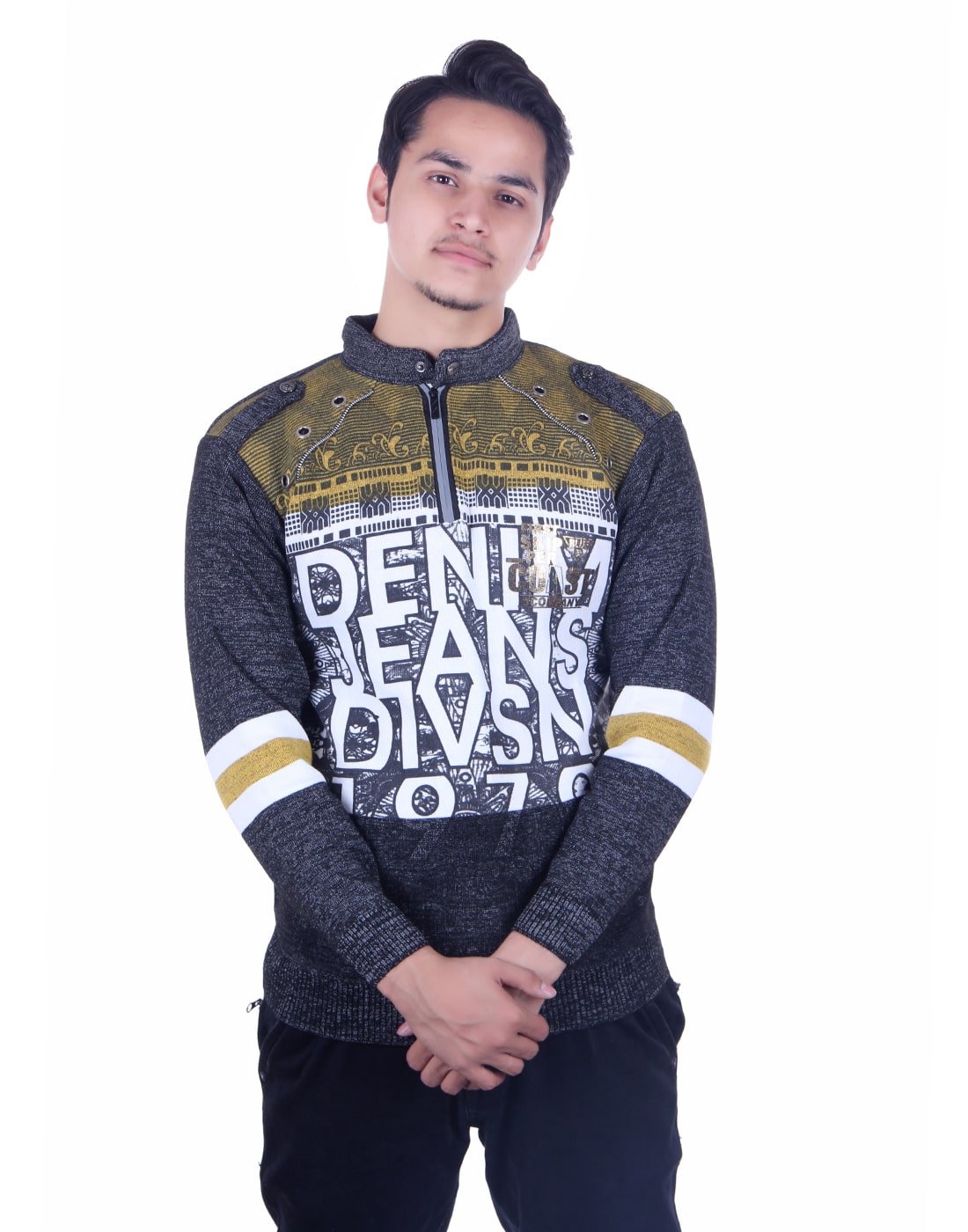 

Oh Yes Printed Round Neck Casual Men s Yellow Black Sweater