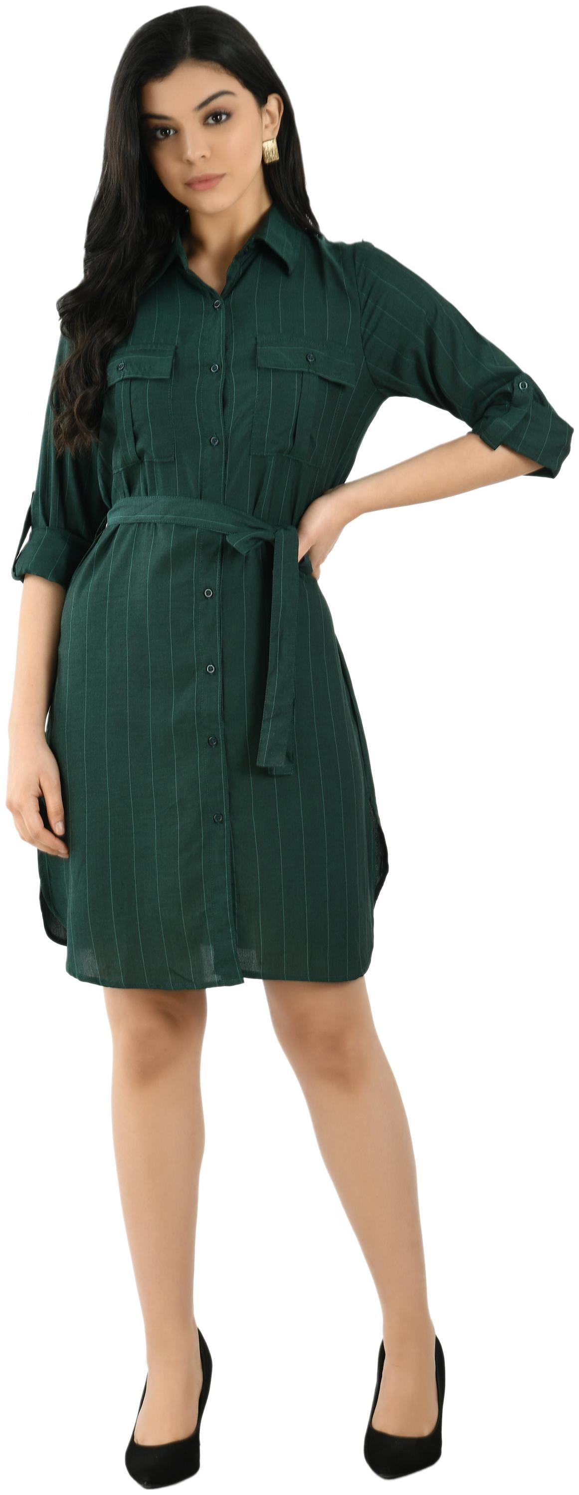 

Cwtch Viscose Rayon Striped Dark Green Shirt Dress Women