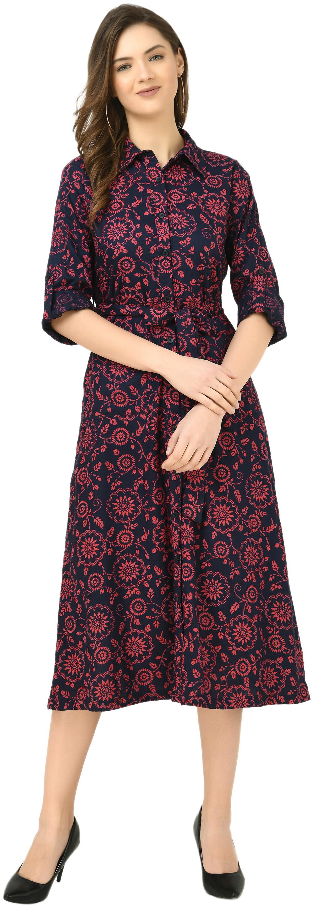 

Cwtch Viscose Rayon Floral Navy Blue Shirt Dress Women