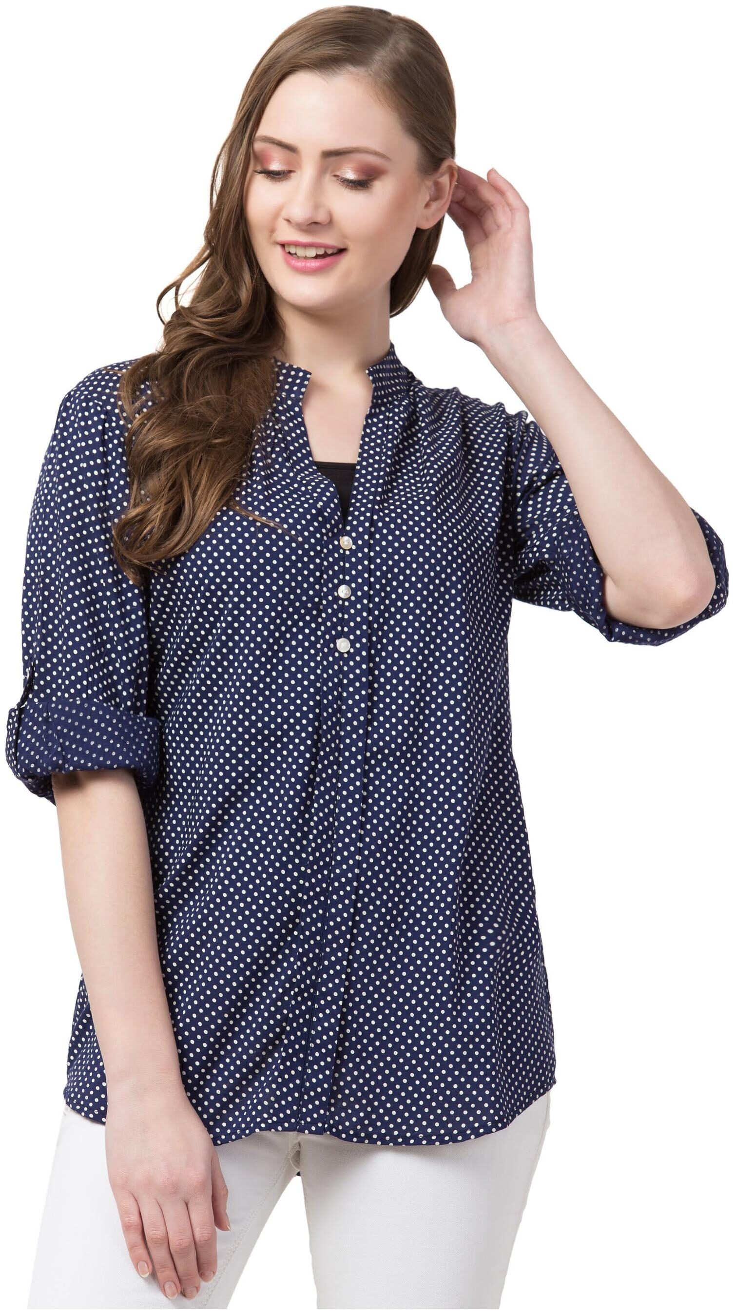 

Cwtch Viscose Rayon Navy Blue Polka Dots Regular Top For Women